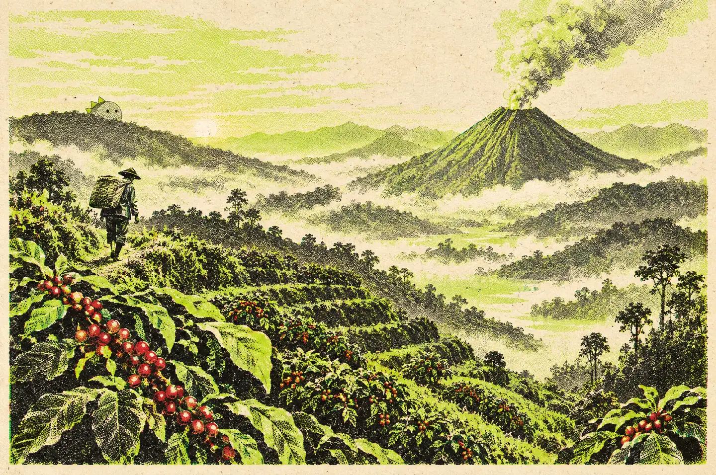 Risograph illustration of the Gayo Highlands, Aceh coffee country in Sumatra, in Atomic Breath colours