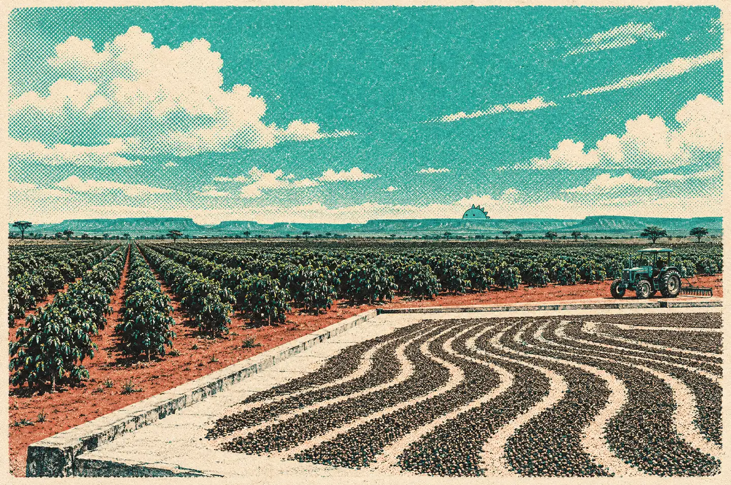 Risograph illustration of the Cerrado Mineiro coffee country in Brazil, in Tidal Wave colours