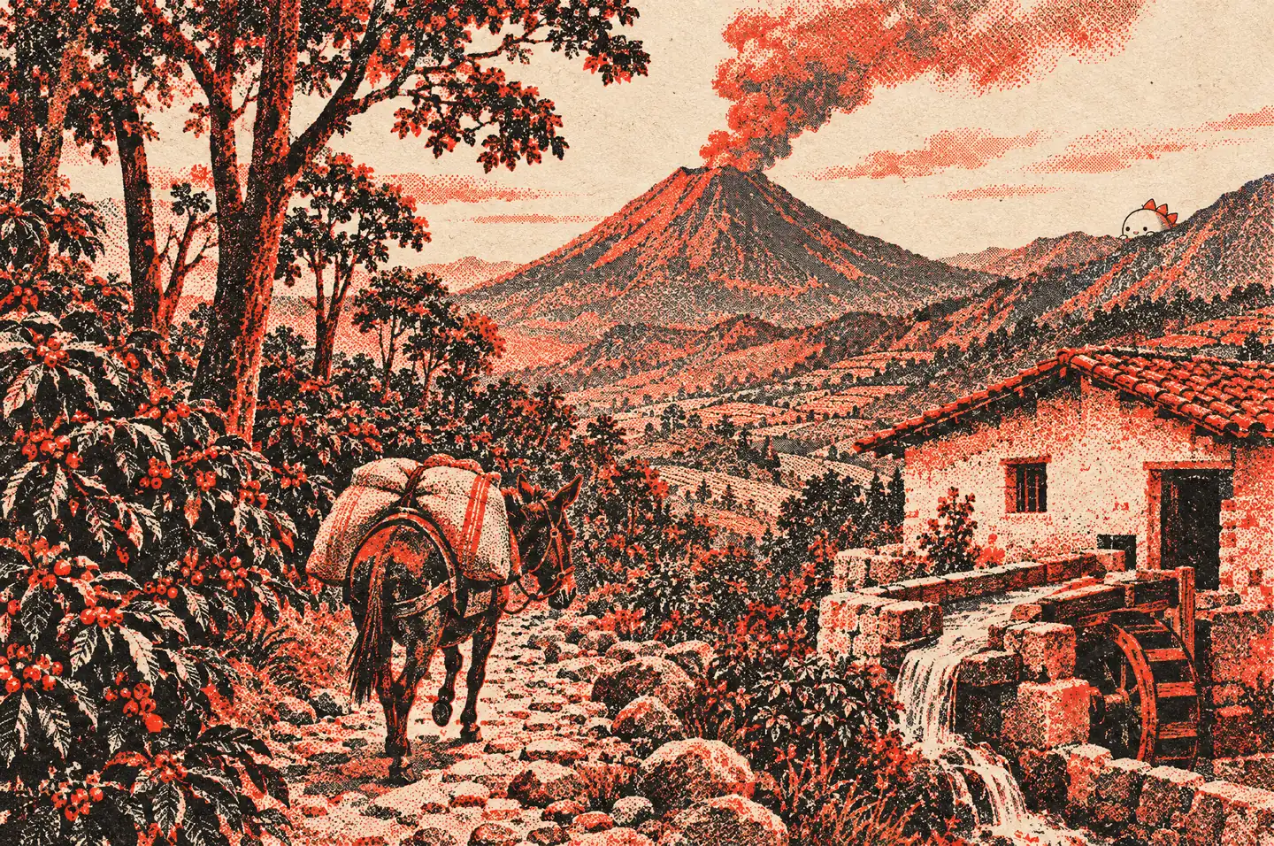 Risograph illustration of the Huehuetenango coffee country in Guatemala, in Rampage colours
