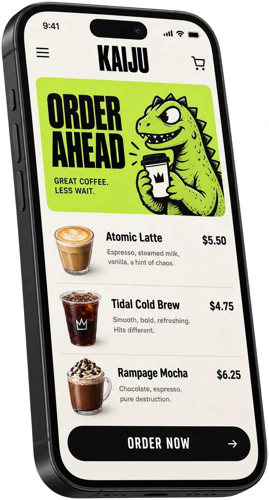 The Kaiju Coffee app showing order-ahead drinks