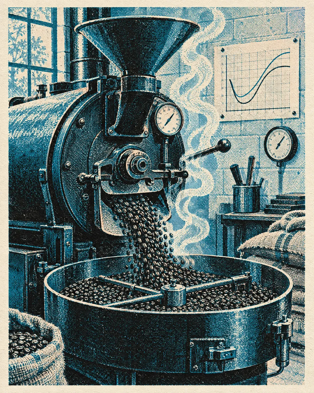 Risograph illustration of a vintage drum roaster pouring fresh beans
