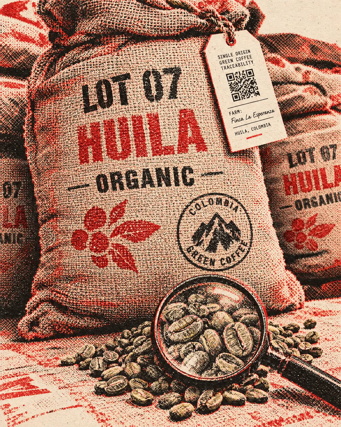 Risograph illustration of stamped green coffee sacks with a traceability tag