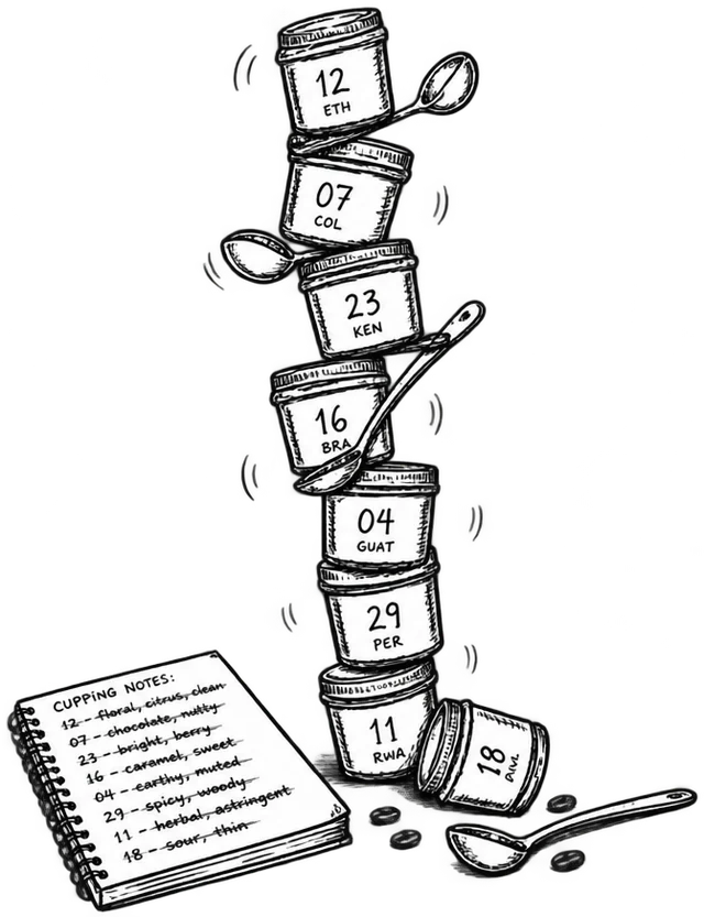 Doodle of a tower of sample jars and a notebook of roast notes